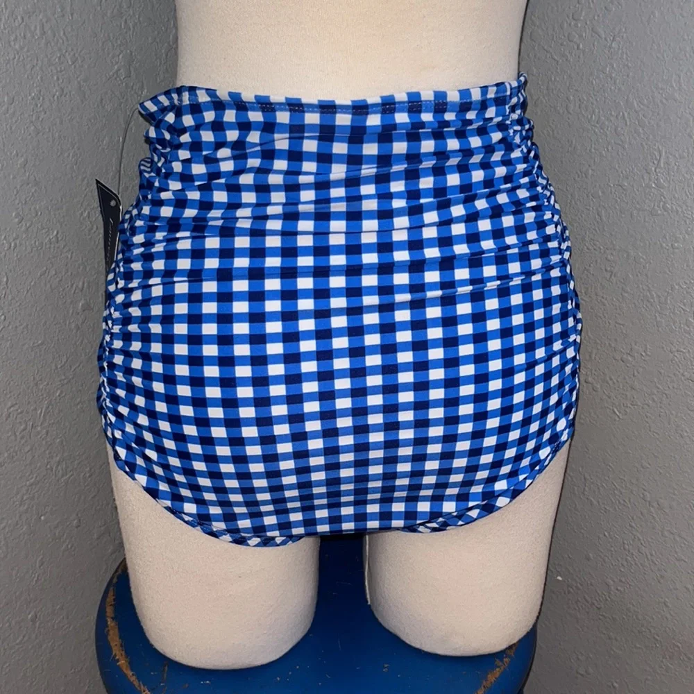 NWT $52 Lauren James High Waisted Shirred Gingham Swim Bottoms Size Small!